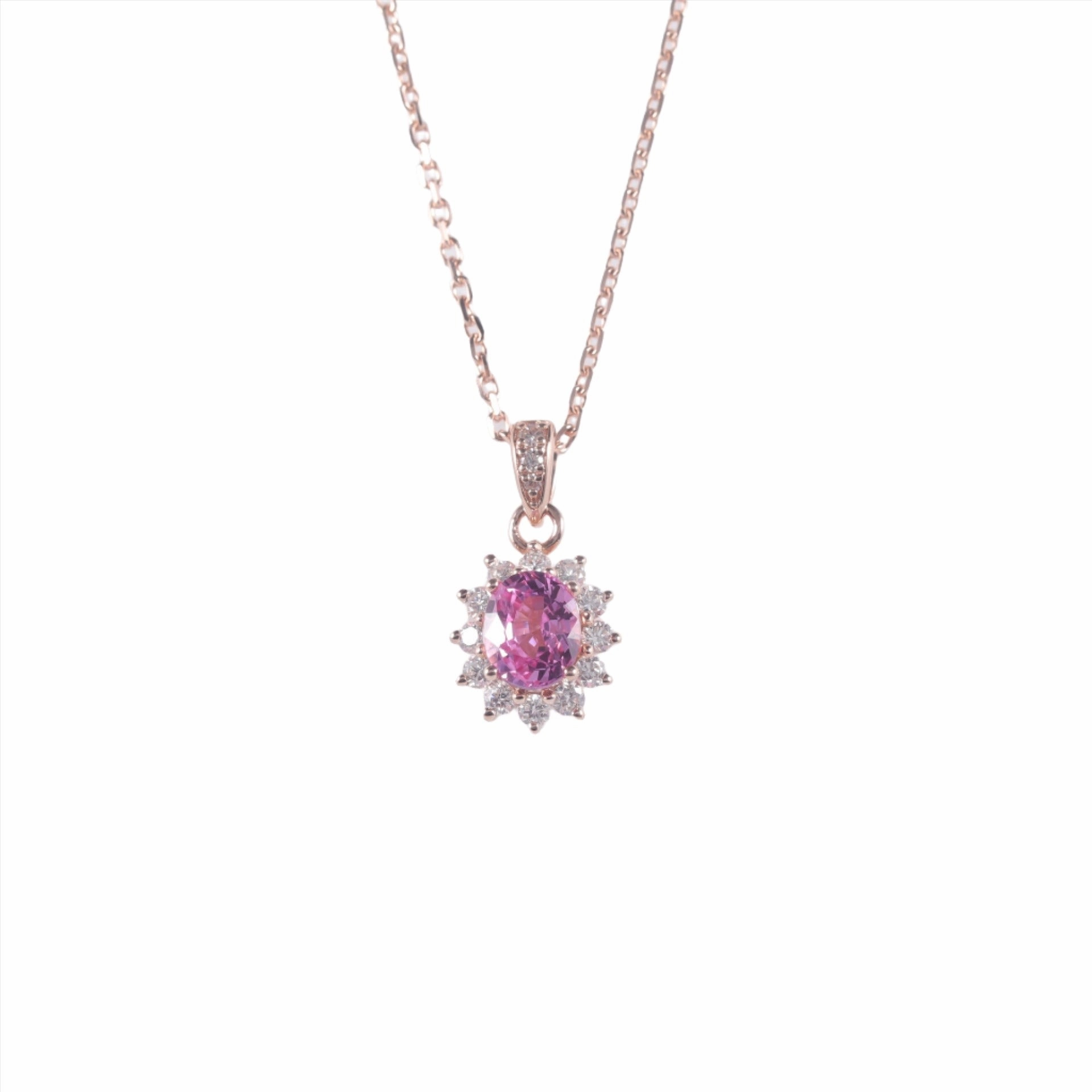 Pink Sapphire Sunflower Oval Pendant Necklace | 18K Gold Crystal Piece Winter Accent