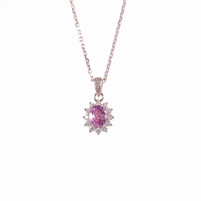 Pink Sapphire Sunflower Oval Pendant Necklace | 18K Gold Crystal Piece Winter Accent
