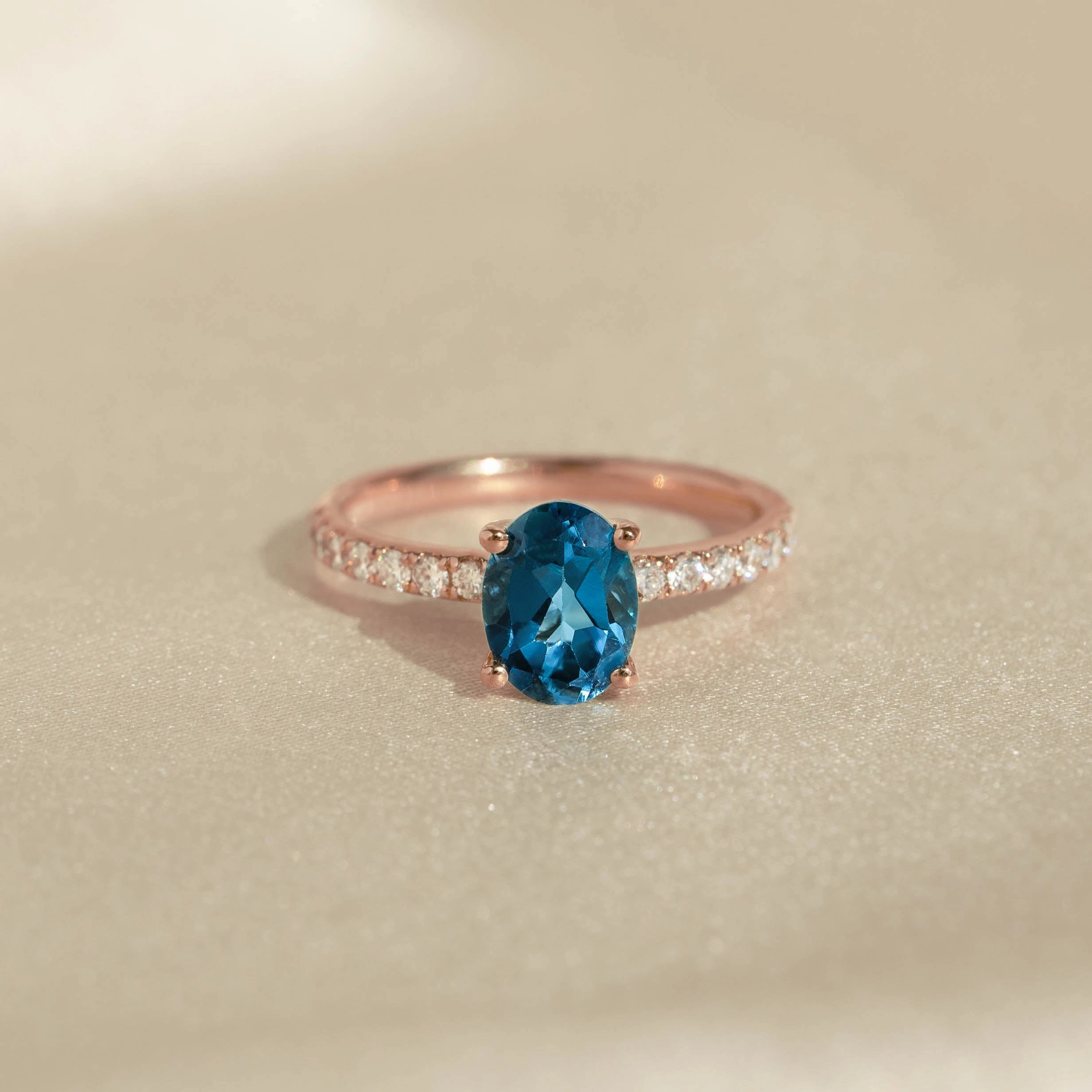 Oval London Blue Topaz and Diamond Ring Rose Gold - Minette Artistic Style