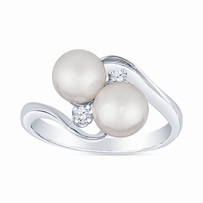 Swirl Bypass Two Stone Akoya Cultured Pearl and Diamond Ring Elegant Feel