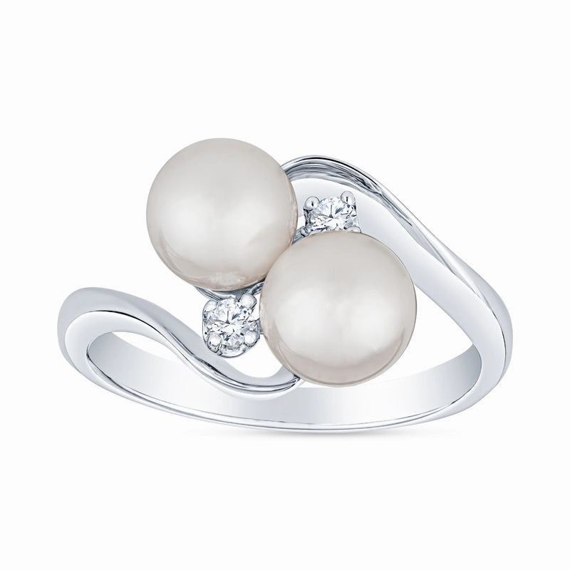 Swirl Bypass Two Stone Akoya Cultured Pearl and Diamond Ring Elegant Feel