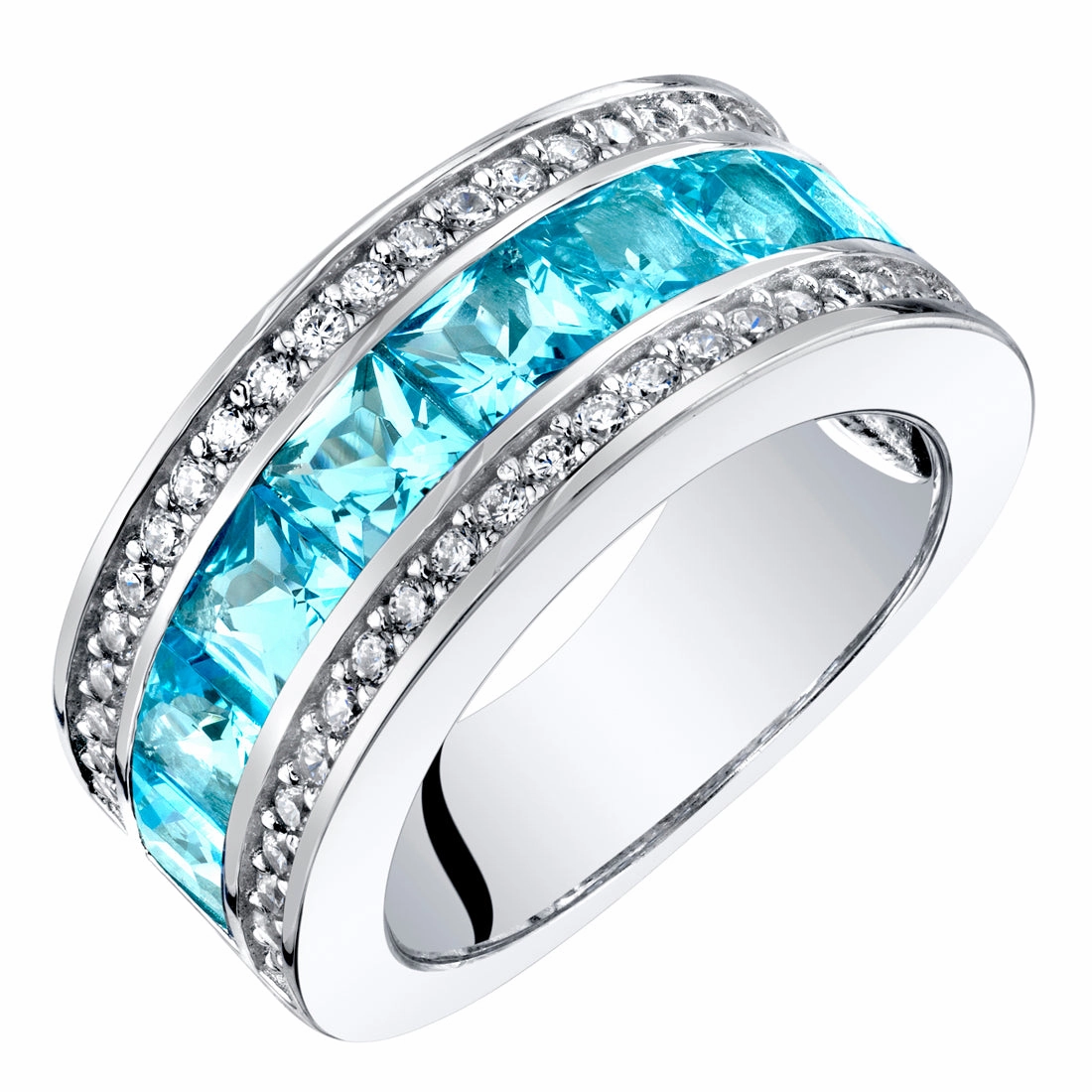 Meaningful Adornment Swiss Blue Topaz 3-Row Wedding Ring Band Sterling Silver Princess Cut 2.25 Carats Size 6