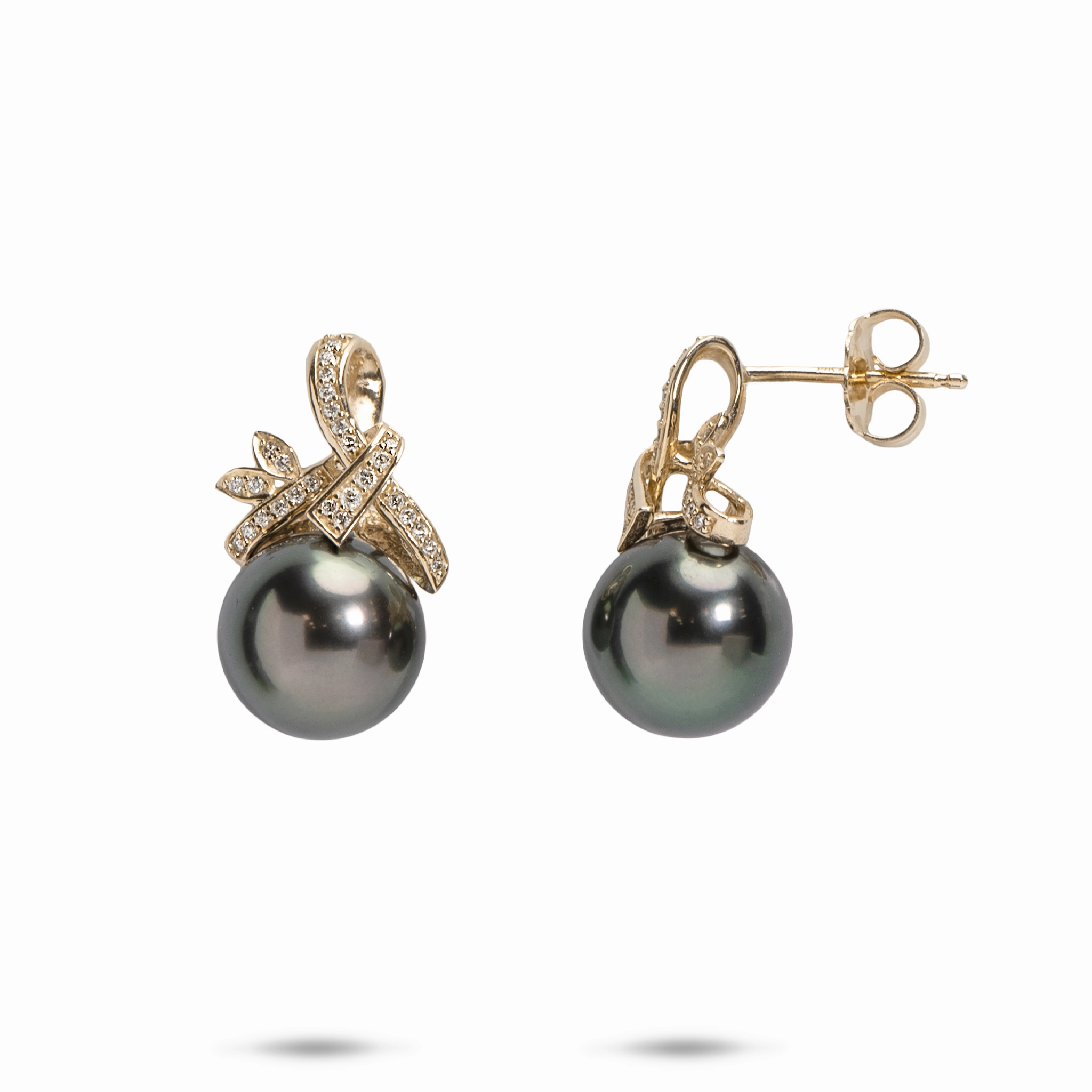 Artistic Ornament Tahitian Black Pearl Earrings in Gold with Diamonds - 9-10mm