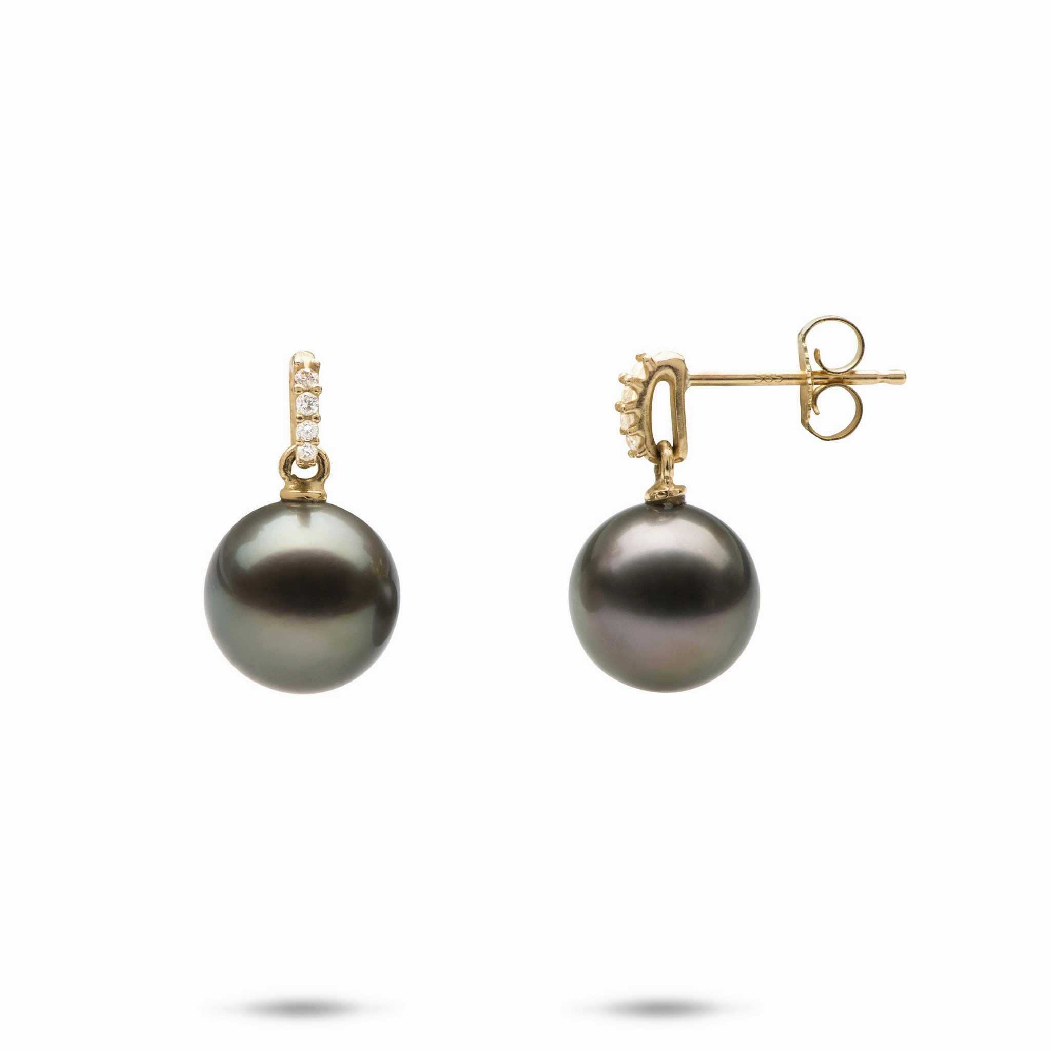 Tahitian Black Pearl Earrings in Gold with Diamonds - 9-10mm Stunning Element Everyday Ornament