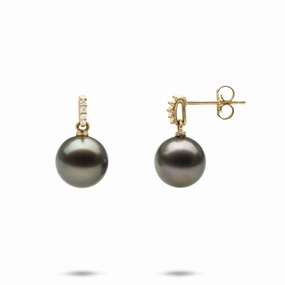 Tahitian Black Pearl Earrings in Gold with Diamonds - 9-10mm Stunning Element Everyday Ornament