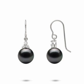 Luxurious Item Tahitian Black Pearl Earrings in White Gold with Diamonds - 9-10mm