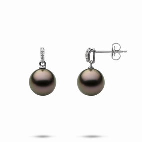 Tahitian Black Pearl Earrings in White Gold with Diamonds - 9-10mm Classic Aesthetic Unique Adornment