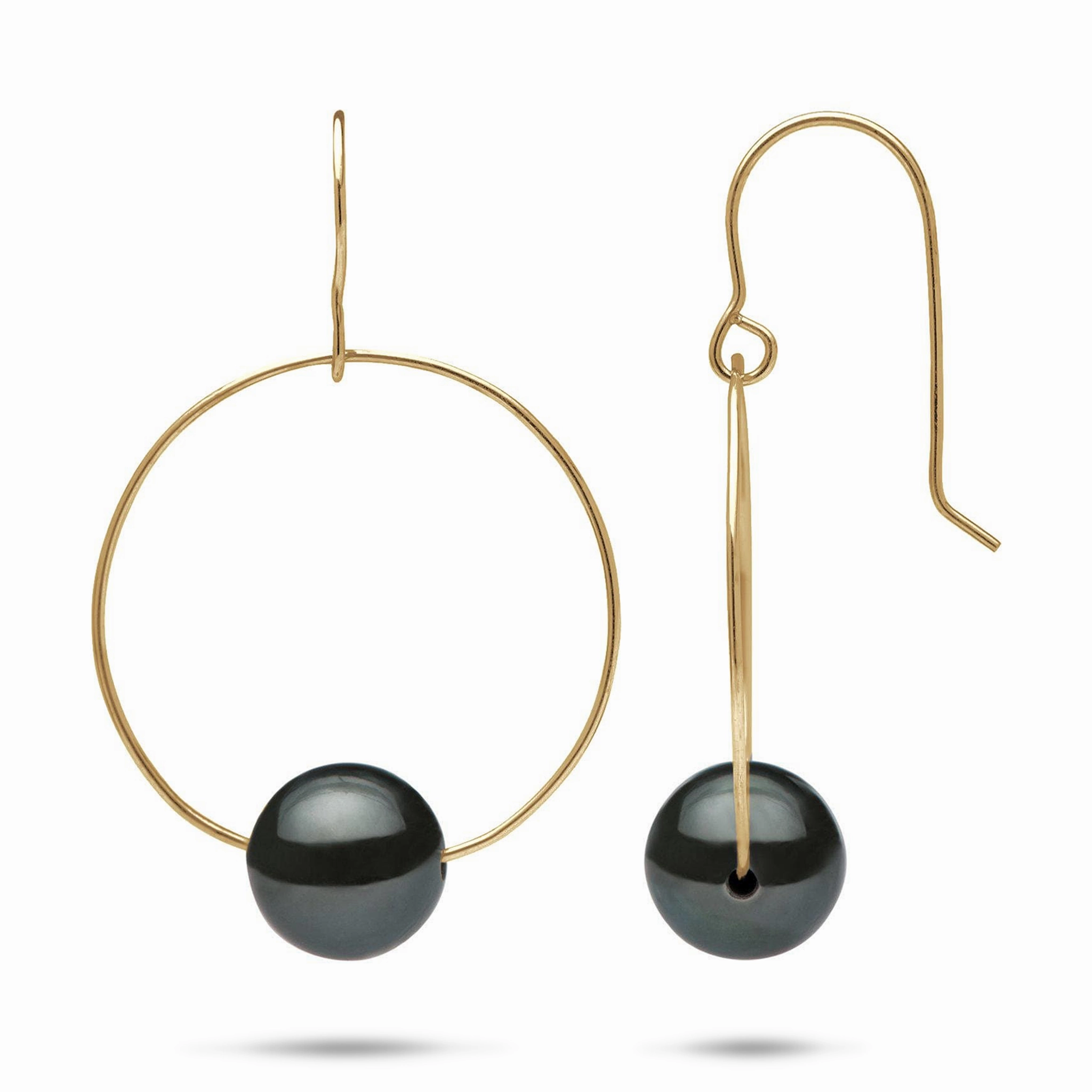 Tahitian Black Pearl Hoop Earrings in Gold - 9-10mm Large Item Substantial Accent