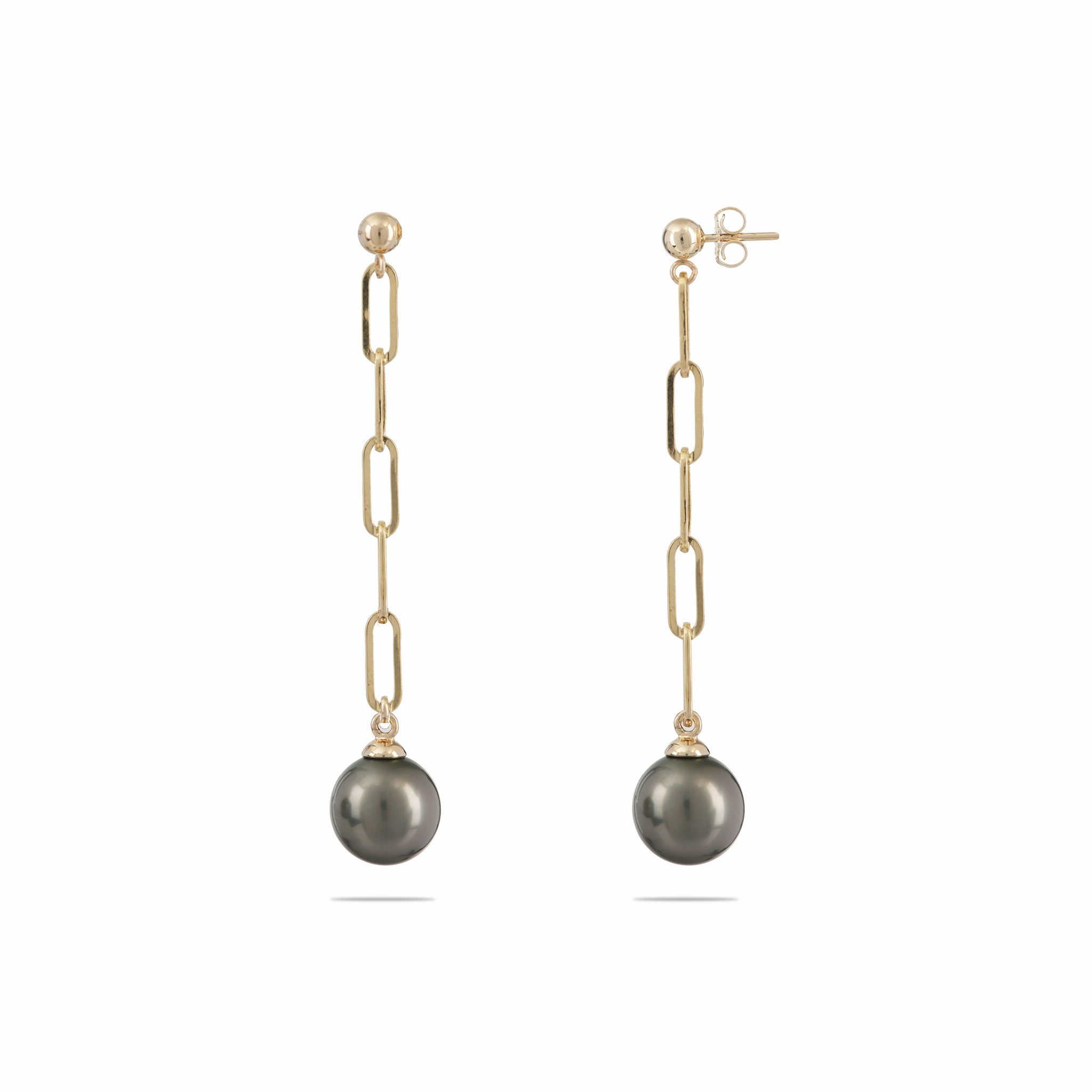 Sparkling finish Tahitian Black Pearl Paperclip Chain Earrings in Gold - 10-11mm