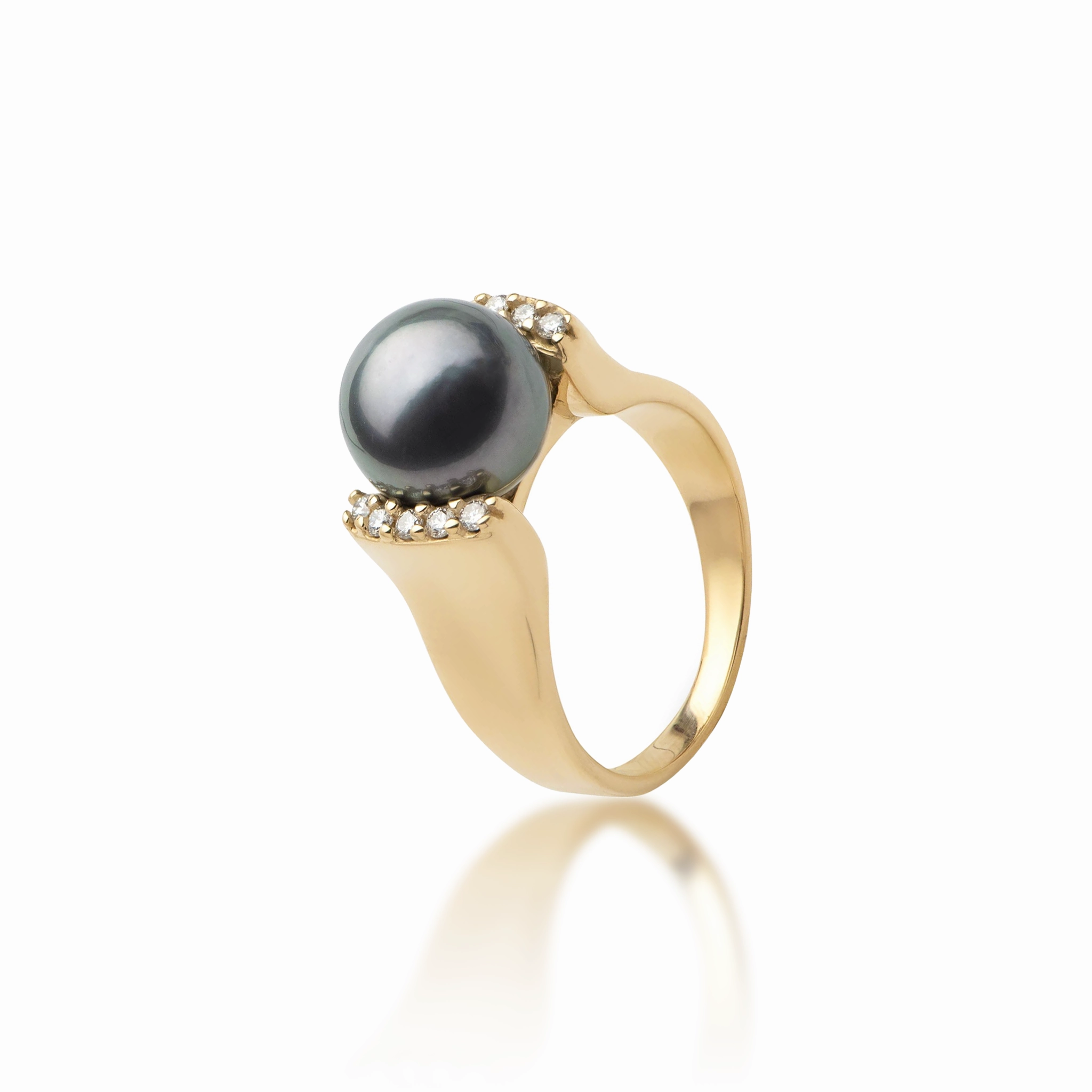 Tahitian Black Pearl Ring in Gold with Diamonds - 9-10mm Factory Finished Trendy Look