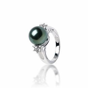 Tahitian Black Pearl Ring in White Gold with Diamonds - 11-12mm Analog Style