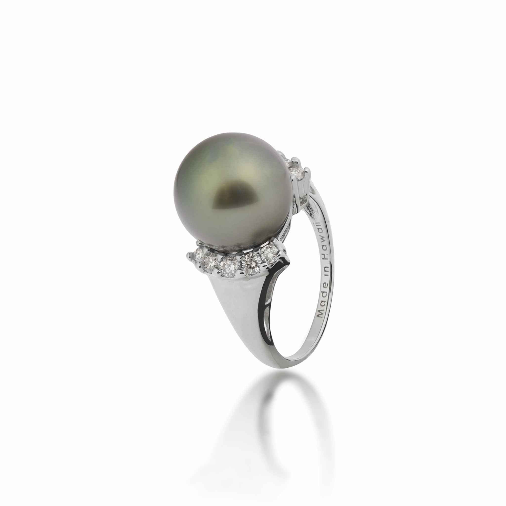 Intelligent Feature Durable Object Tahitian Black Pearl Ring in White Gold with Diamonds - 12-13mm