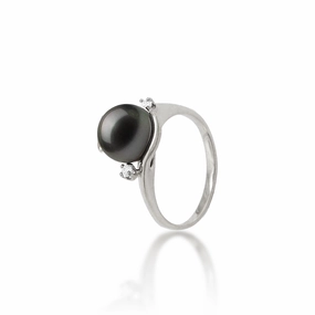 Modern Outfit Branded Work Tahitian Black Pearl Ring in White Gold with Diamonds - 9-10mm