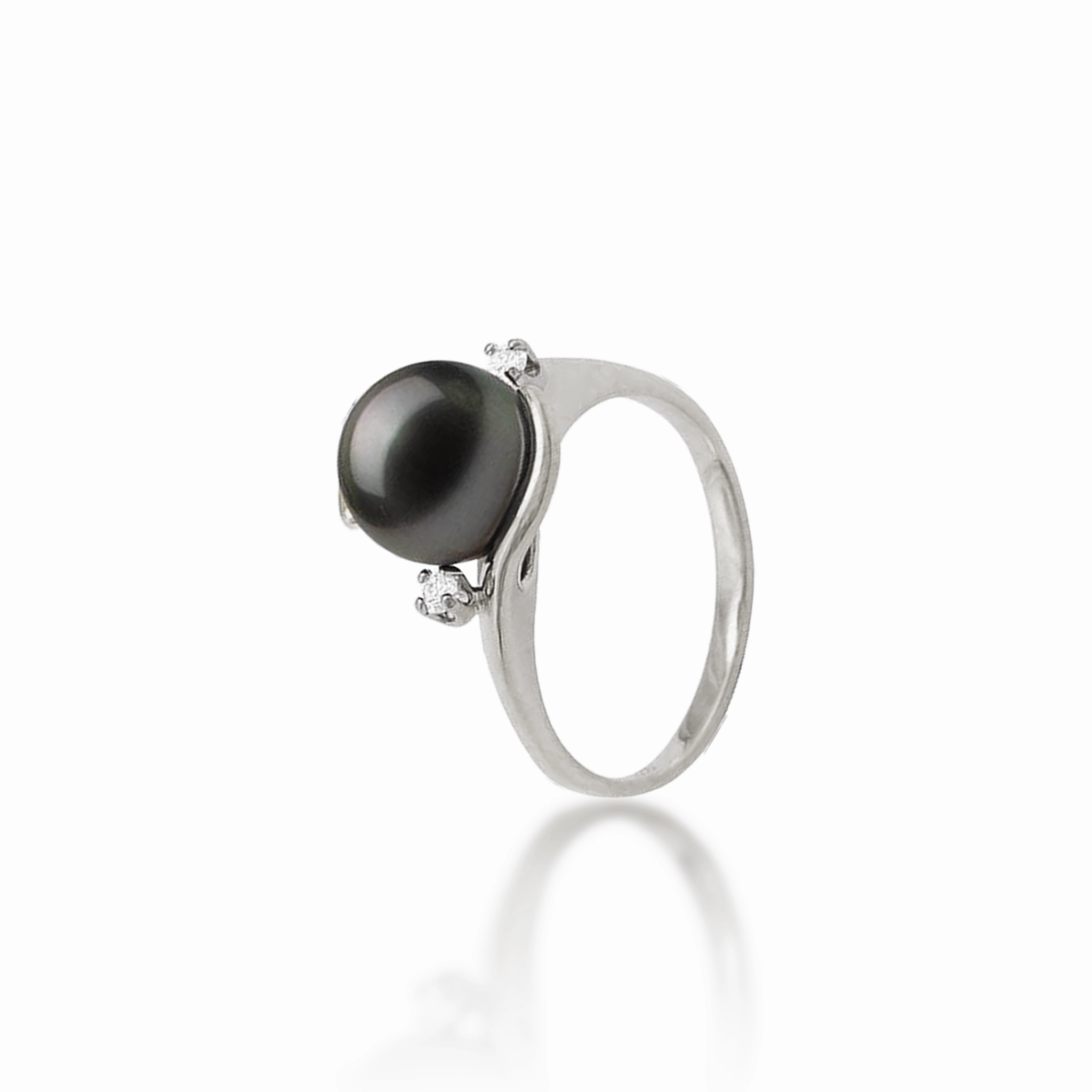 Modern Outfit Branded Work Tahitian Black Pearl Ring in White Gold with Diamonds - 9-10mm