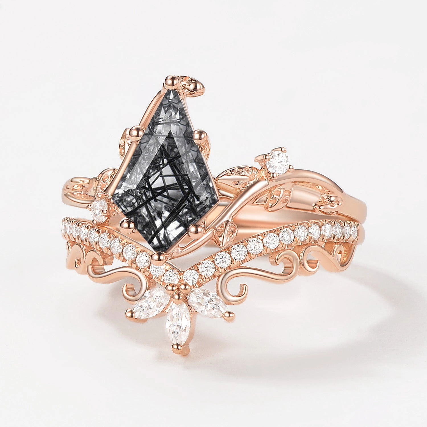 Fresh Edge Vintage Kite Cut Black Rutilated Quartz Engagement Ring Set 2pcs - Daniella