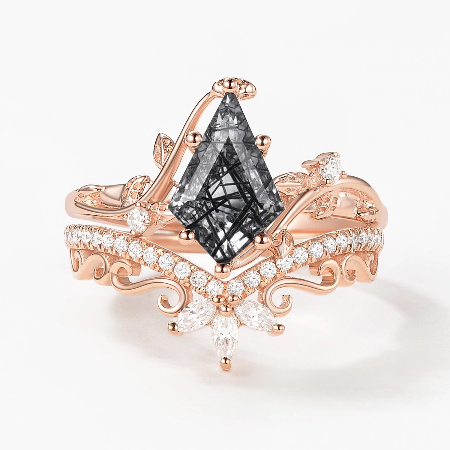Vibrant Shine Finish Intricate Work Vintage Kite Cut Black Rutilated Quartz Engagement Ring Set 2pcs - Daniella