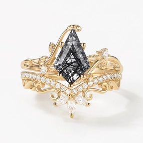 Effortless Finish Flawless Touch Vintage Kite Cut Black Rutilated Quartz Engagement Ring Set 2pcs - Daniella