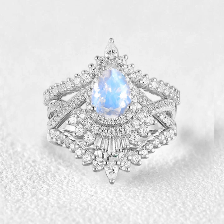 Pear Cut Moonstone Halo Infinity Engagement Ring Sets 3pcs Casual Shine
