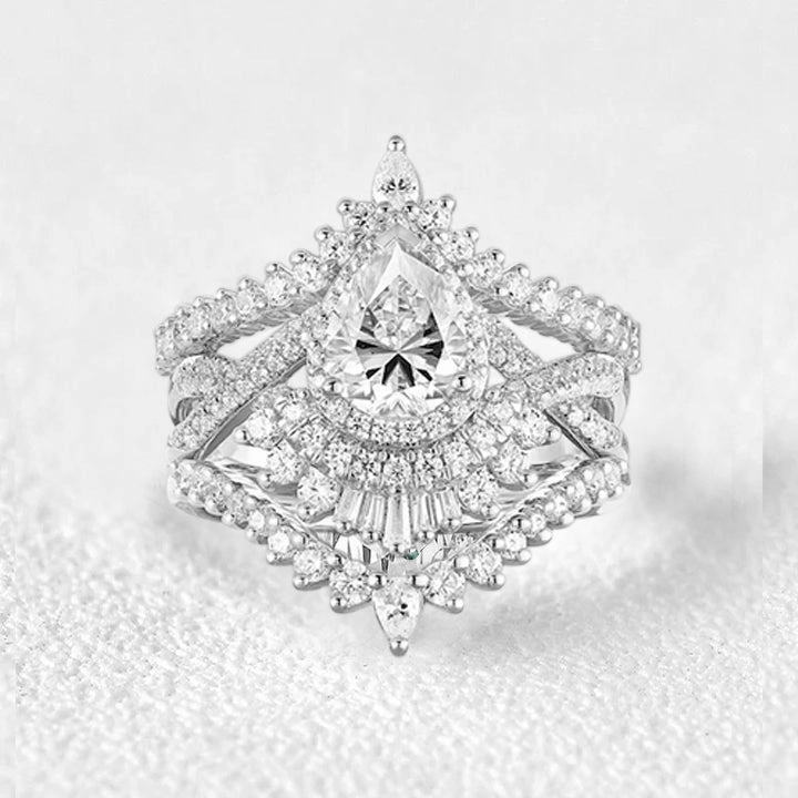 Artistic Highlight Pear Cut Moonstone Halo Infinity Engagement Ring Sets 3pcs