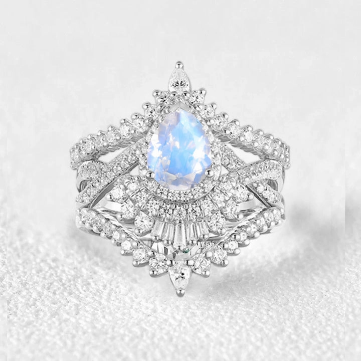 Versatile Fit Fashion Pop Pear Cut Moonstone Halo Infinity Engagement Ring Sets 3pcs
