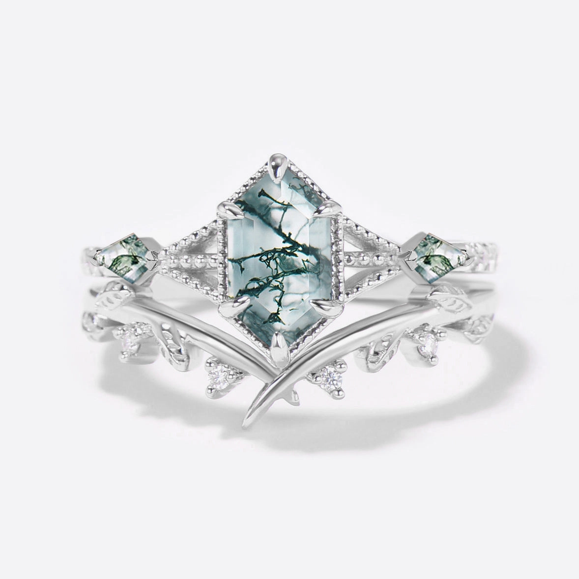 Delicate Highlight Three Stone Moss Agate Long Hexagon Leafy Engagement Ring Set 2pcs