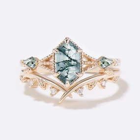 Trend Look Glam fit Three Stone Moss Agate Long Hexagon Leafy Engagement Ring Set 2pcs
