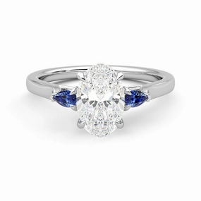 everyday elegance Three Stone Oval Cut Moissanite and Sapphire Engagement Ring with Hidden Anniversary Stone Accent
