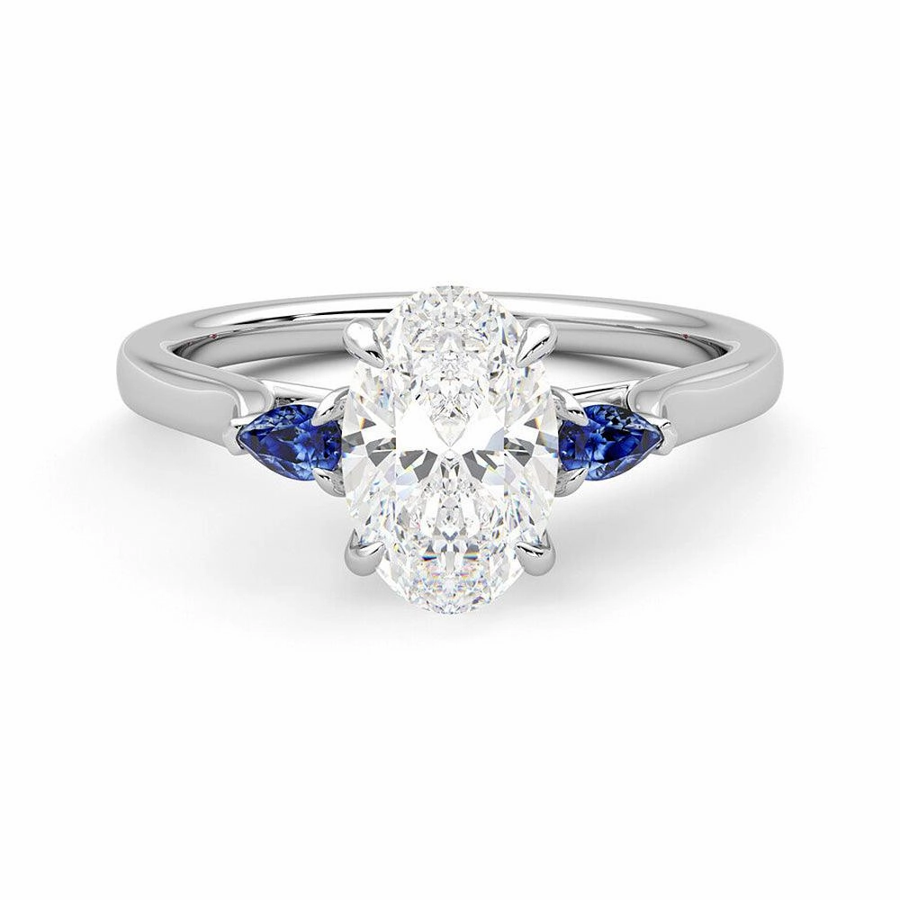 everyday elegance Three Stone Oval Cut Moissanite and Sapphire Engagement Ring with Hidden Anniversary Stone Accent