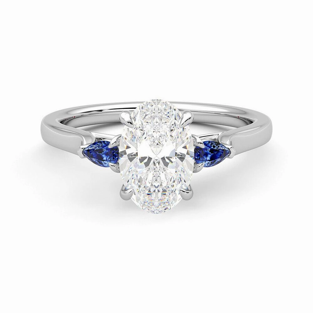 Three Stone Oval Cut Moissanite and Sapphire Engagement Ring with Hidden Anniversary Stone Accent Casual Spark
