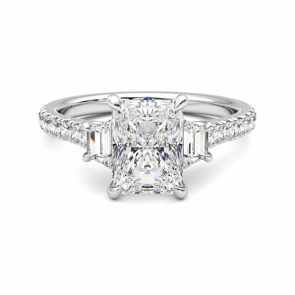 Nature Inspired Three Stone Radiant Cut & Half Moon Moissanite Engagement Ring with Hidden Anniversary Stone Accent