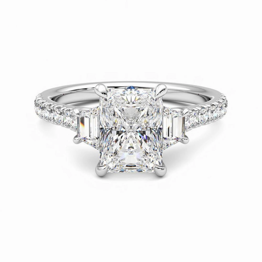 Three Stone Radiant Cut & Half Moon Moissanite Engagement Ring with Hidden Anniversary Stone Accent Romantic Edge elegant curve