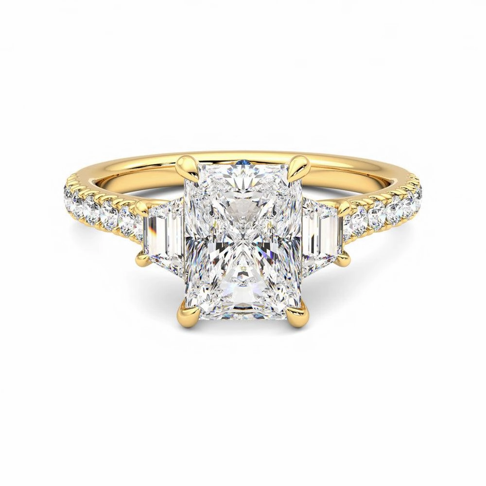 Unique Shine Three Stone Radiant Cut & Half Moon Moissanite Engagement Ring with Hidden Anniversary Stone Accent