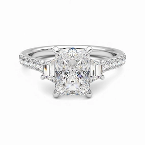 Nature Inspired Three Stone Radiant Cut & Half Moon Moissanite Engagement Ring with Hidden Anniversary Stone Accent