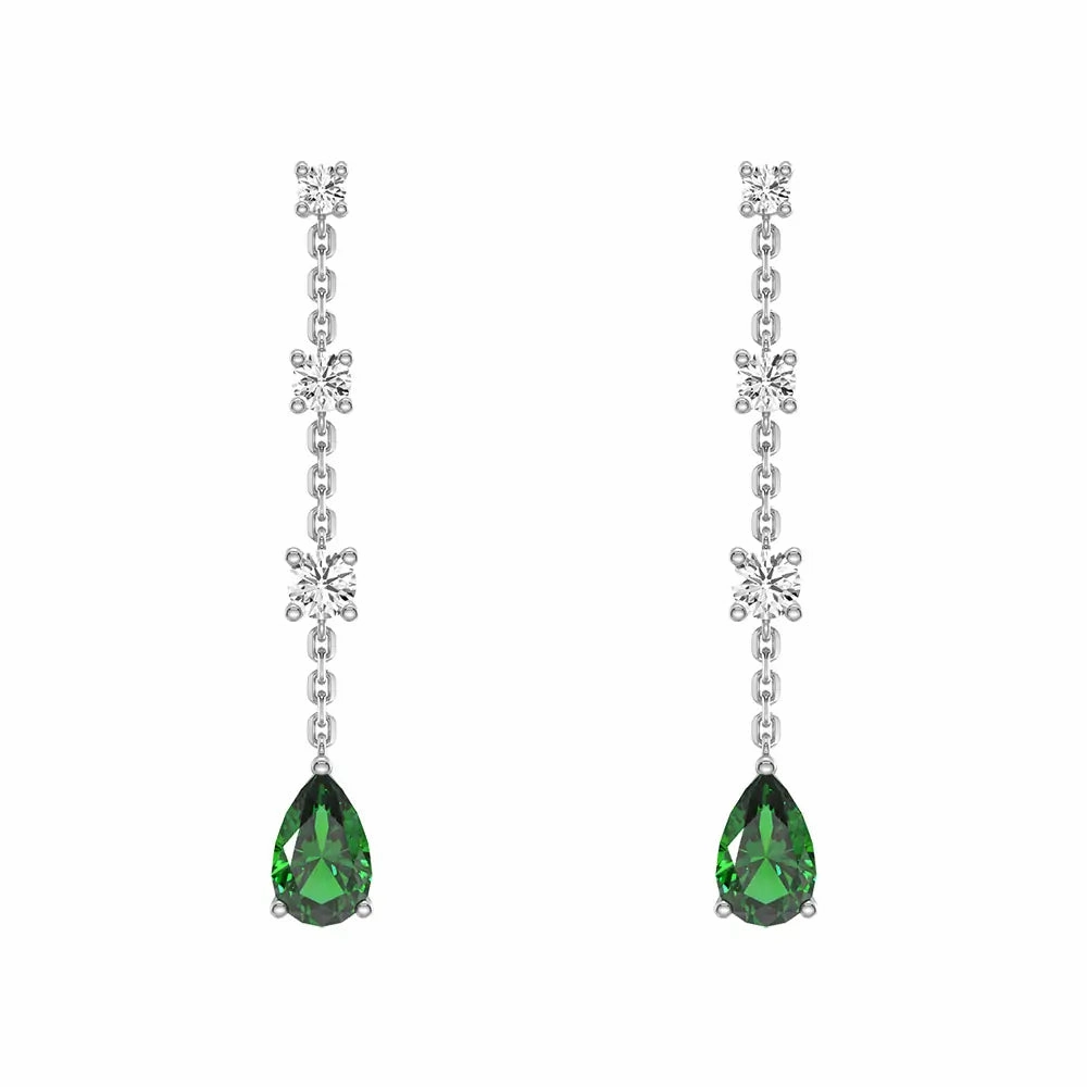 Tasteful Accent Tiered Diamond Cascade Stud Earrings with Trembling Lab Emerald Drop
