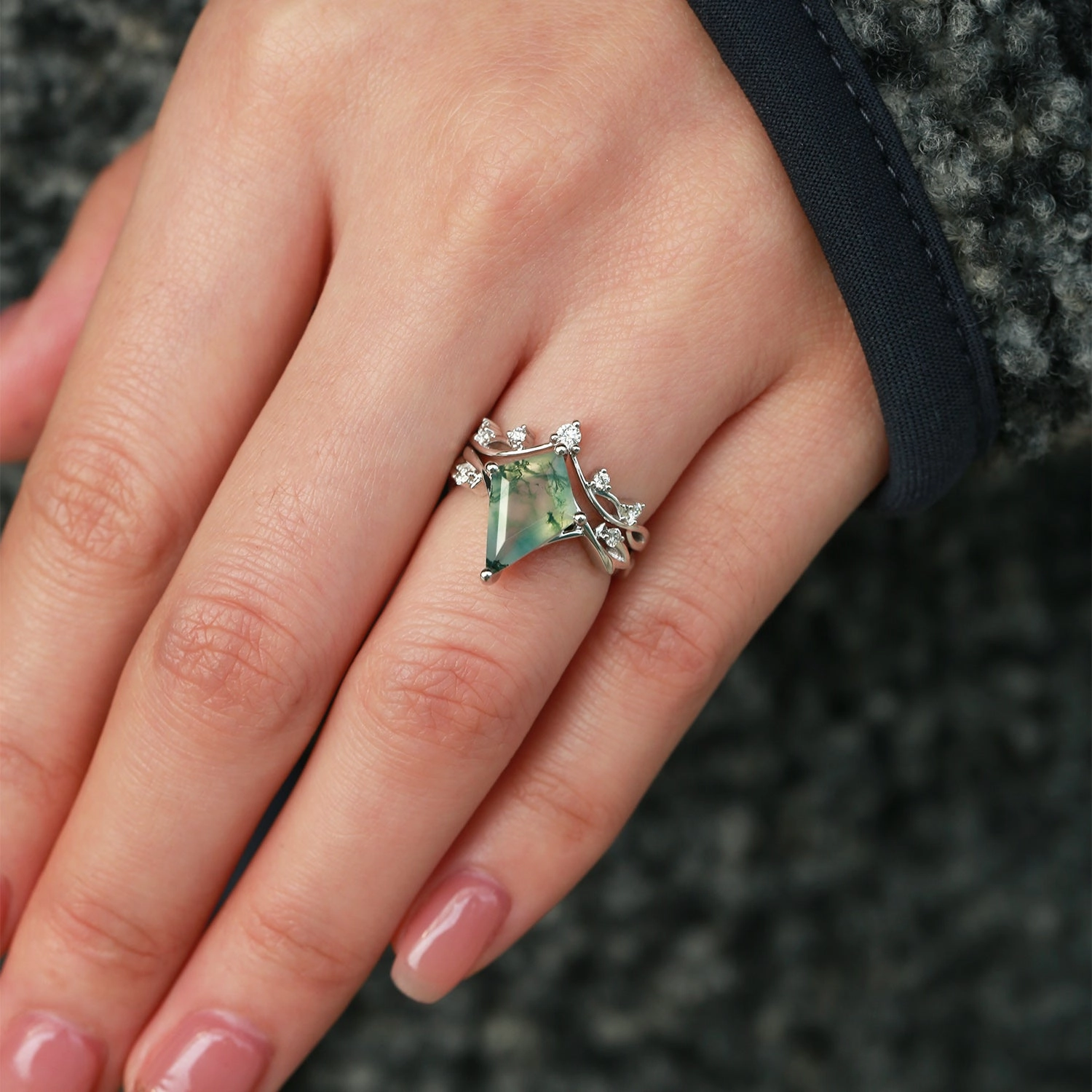 Branch Kite Shape Natural Moss Agate Engagement Ring Sets 2pcs Stylish Gift Bridal Accessory