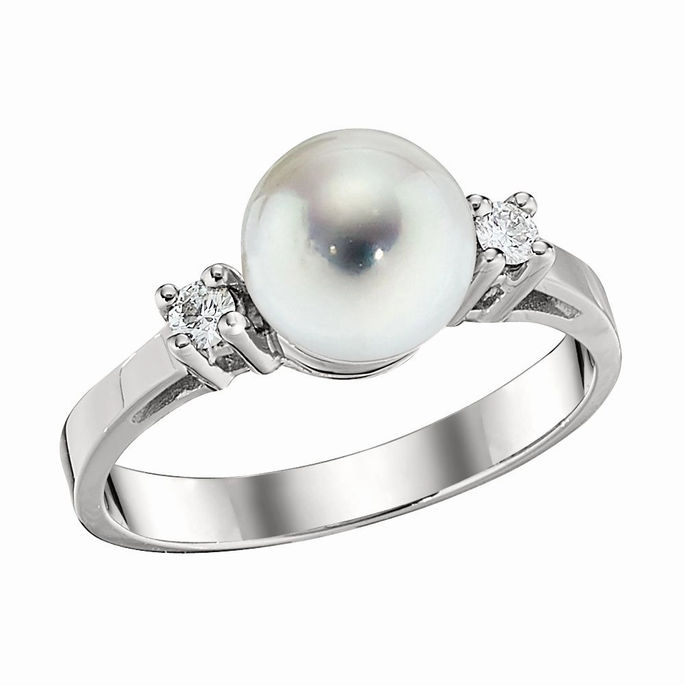 Artisan Work Fashion Forward Timeless Akoya Cultured Pearl and Round Diamond Side Stone Ring