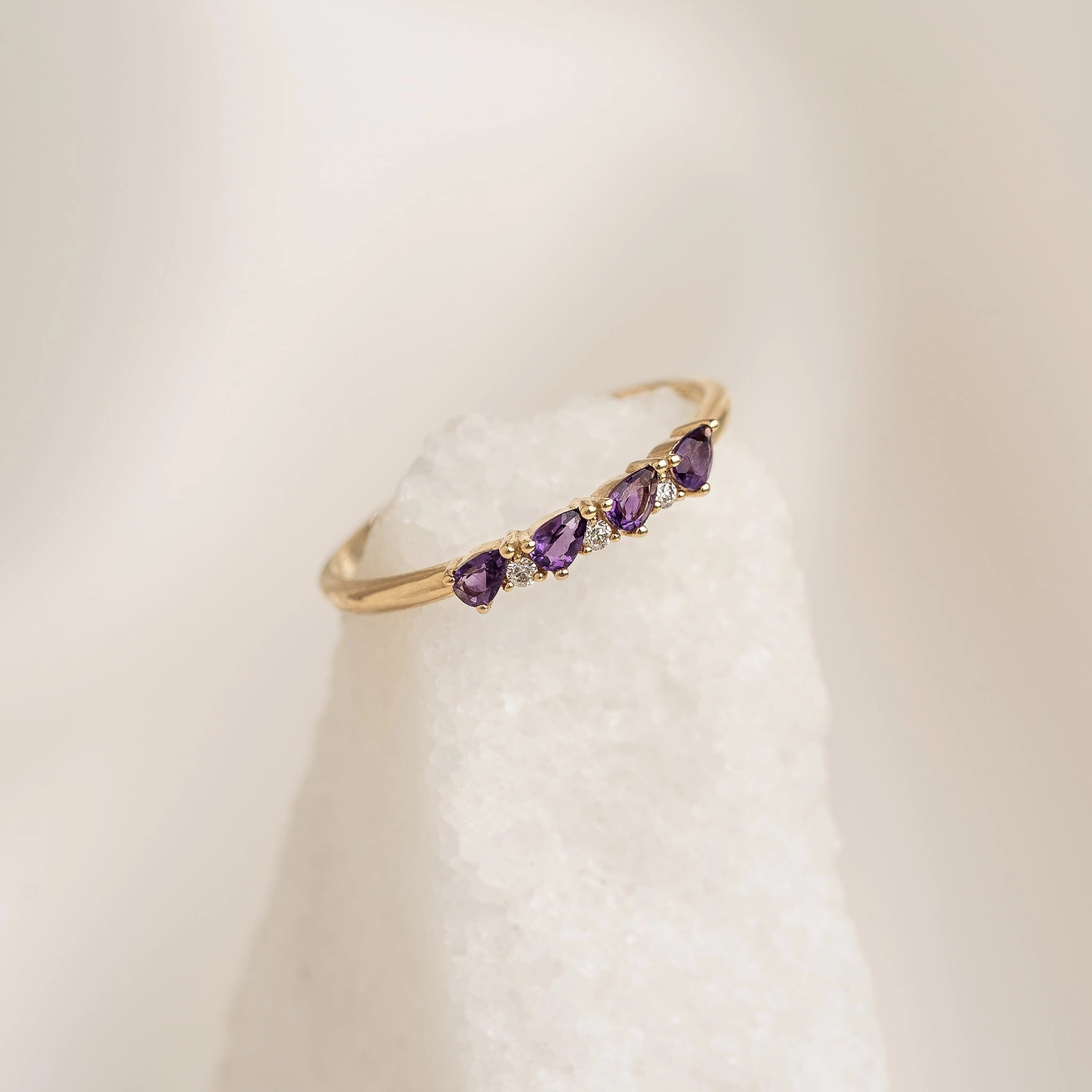 February Birthstone Pear Ring 14k Gold - Amethyst and Diamond Storage Solution