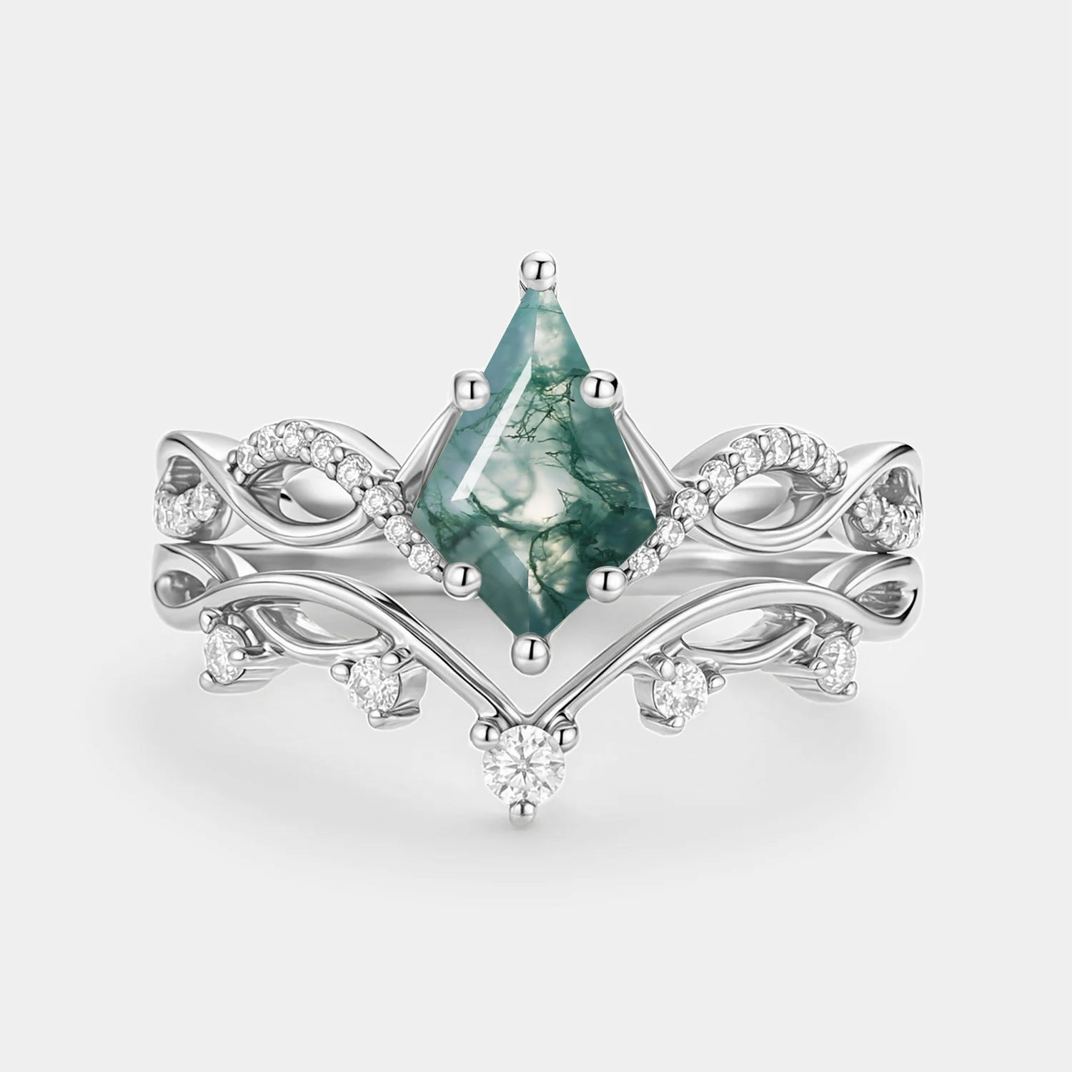 Refined Glow Weekend Detail Kite Moss Agate Twist Engagement Ring Set 2pcs - Phyllon