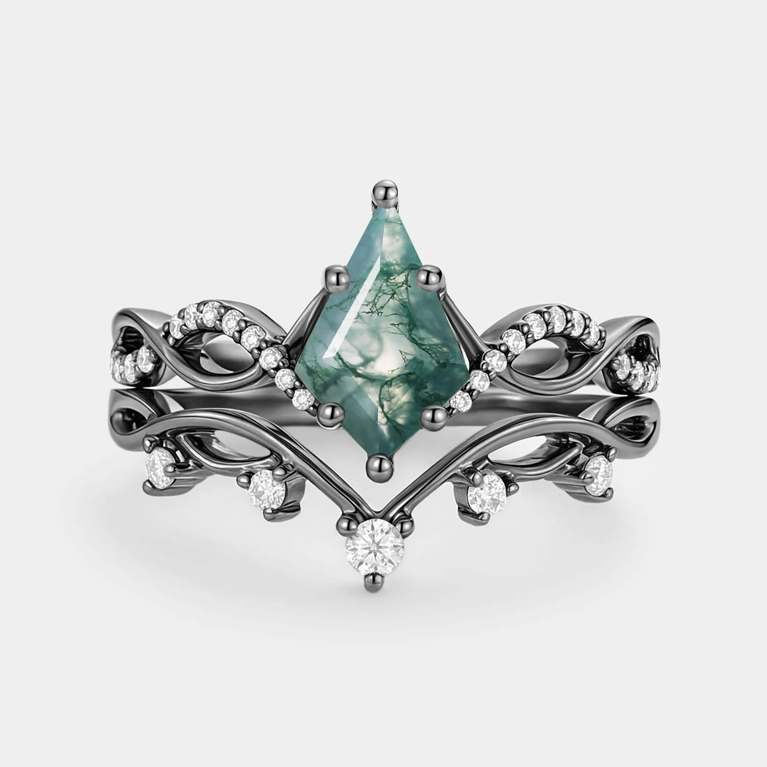 elegant curve Dusk Style Kite Moss Agate Twist Engagement Ring Set 2pcs - Phyllon