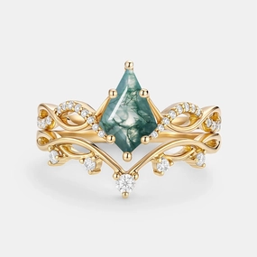 Kite Moss Agate Twist Engagement Ring Set 2pcs - Phyllon Everyday Match Silken Touch