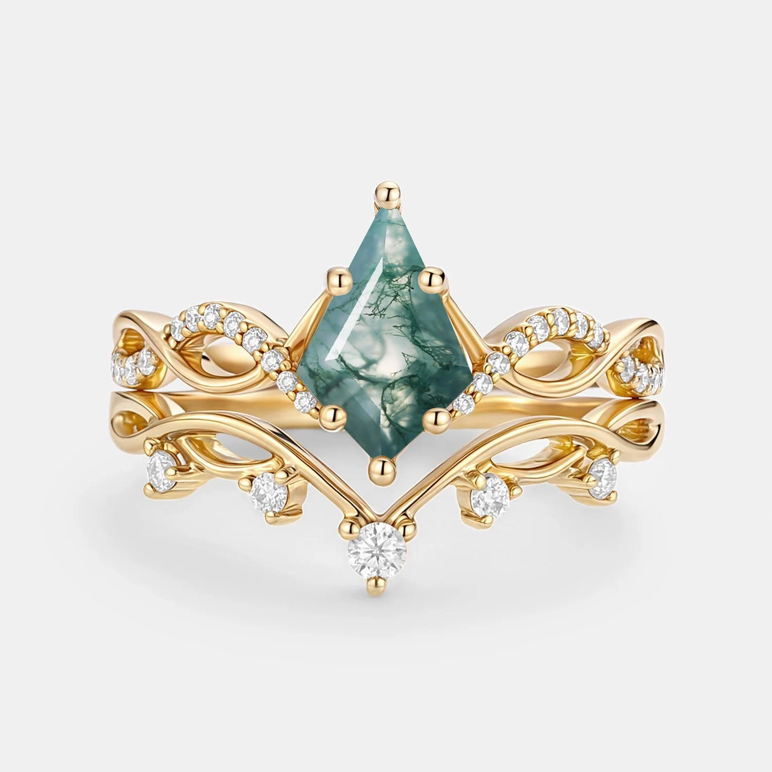 Kite Moss Agate Twist Engagement Ring Set 2pcs - Phyllon Everyday Match Silken Touch