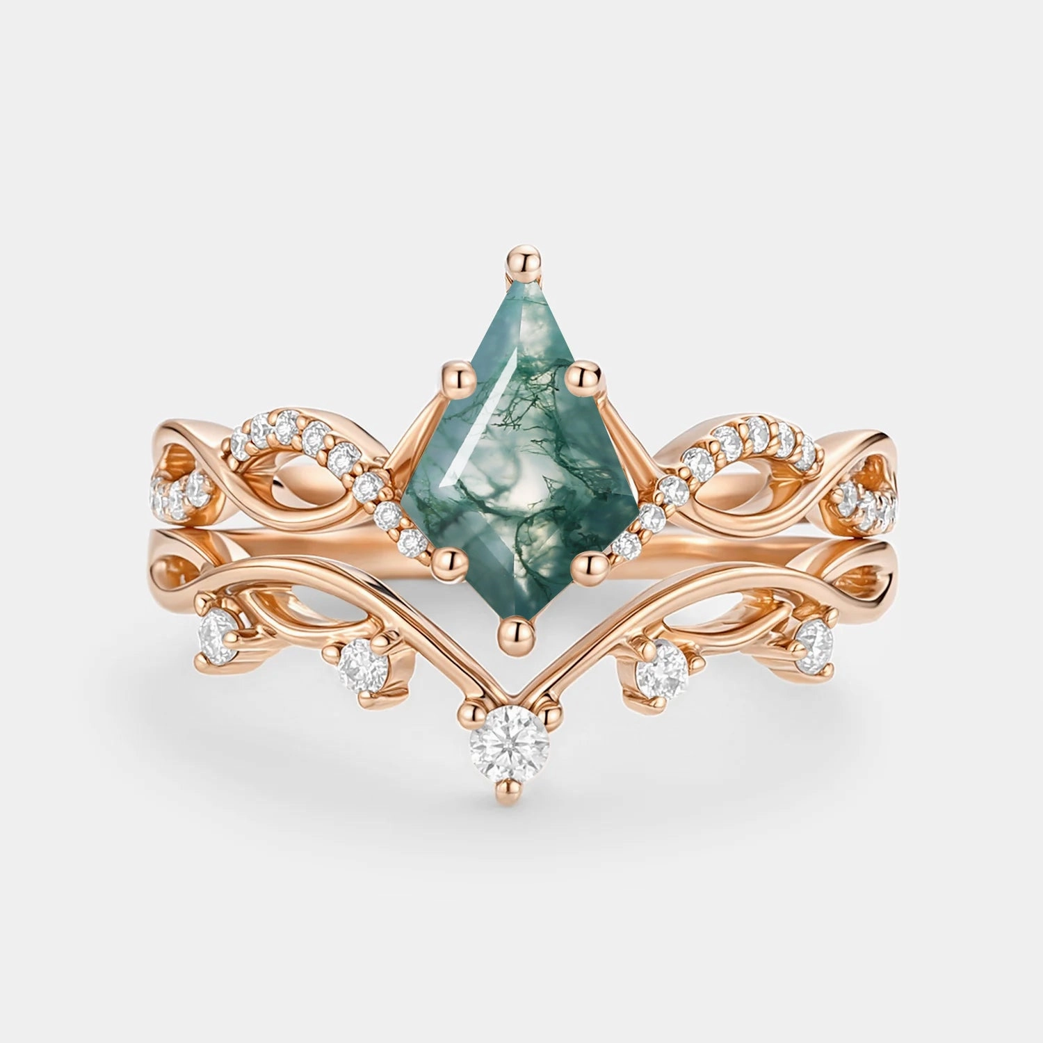 Sleek Finish Kite Moss Agate Twist Engagement Ring Set 2pcs - Phyllon