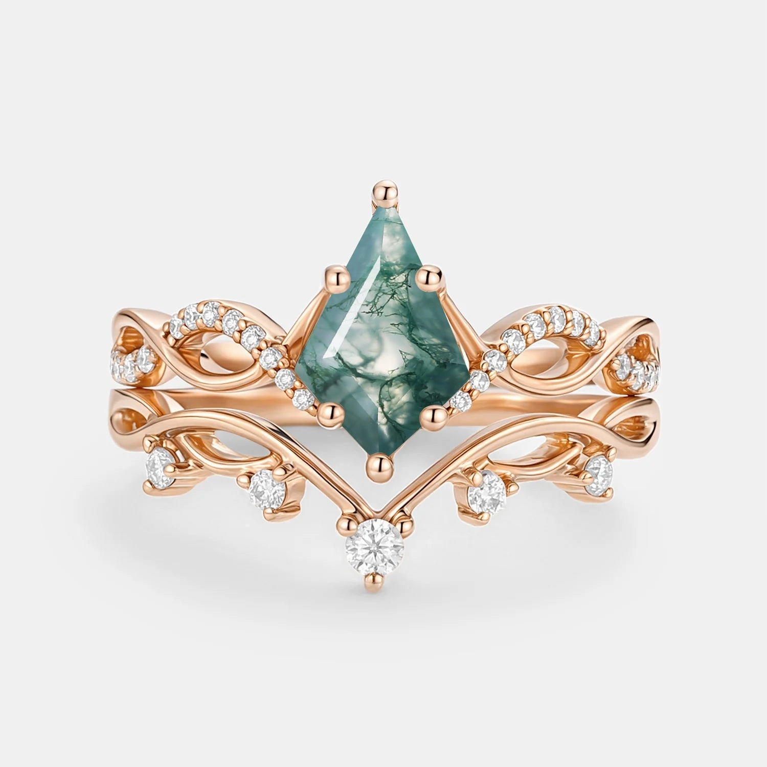 Kite Moss Agate Twist Engagement Ring Set 2pcs - Phyllon Glam Pairing Glamorous Accessory