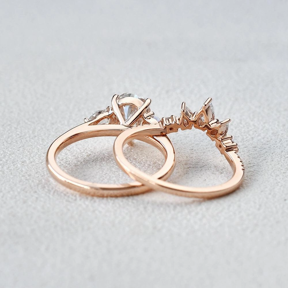 Pear Shaped Moissanite Three Stone Ring Set 2pcs Day Look