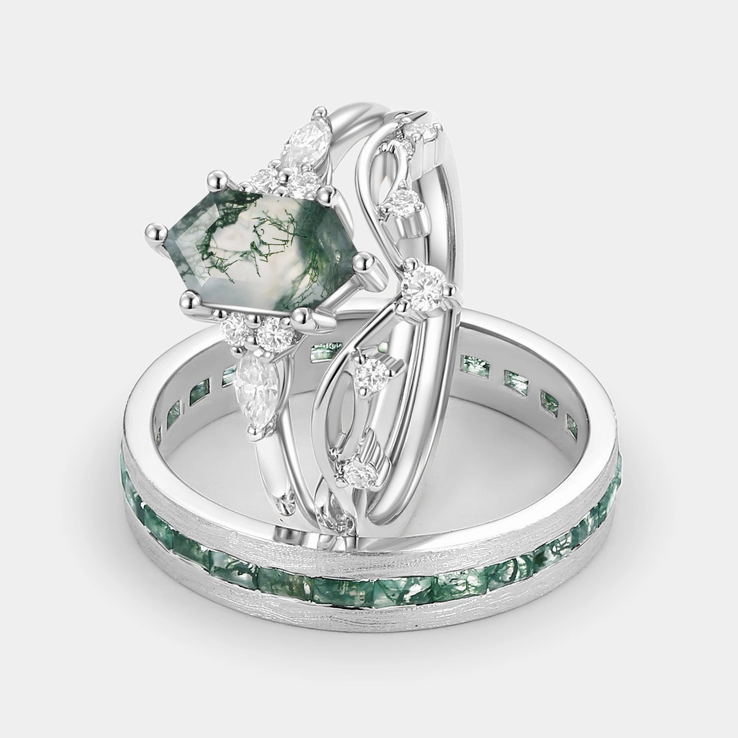 White Gold Long Hexagon Moss Agate Leafy Couple Ring Set 3pcs - Ona Crisp Sparkle Classic Detailing
