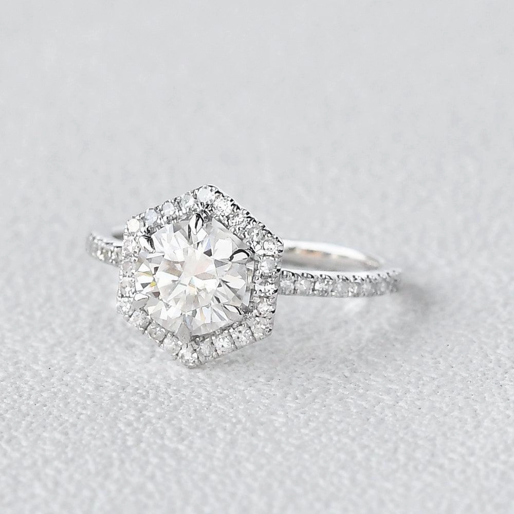 1.0ct Hexagon Moissanite Classic Halo Geometric Ring Trendy Detail