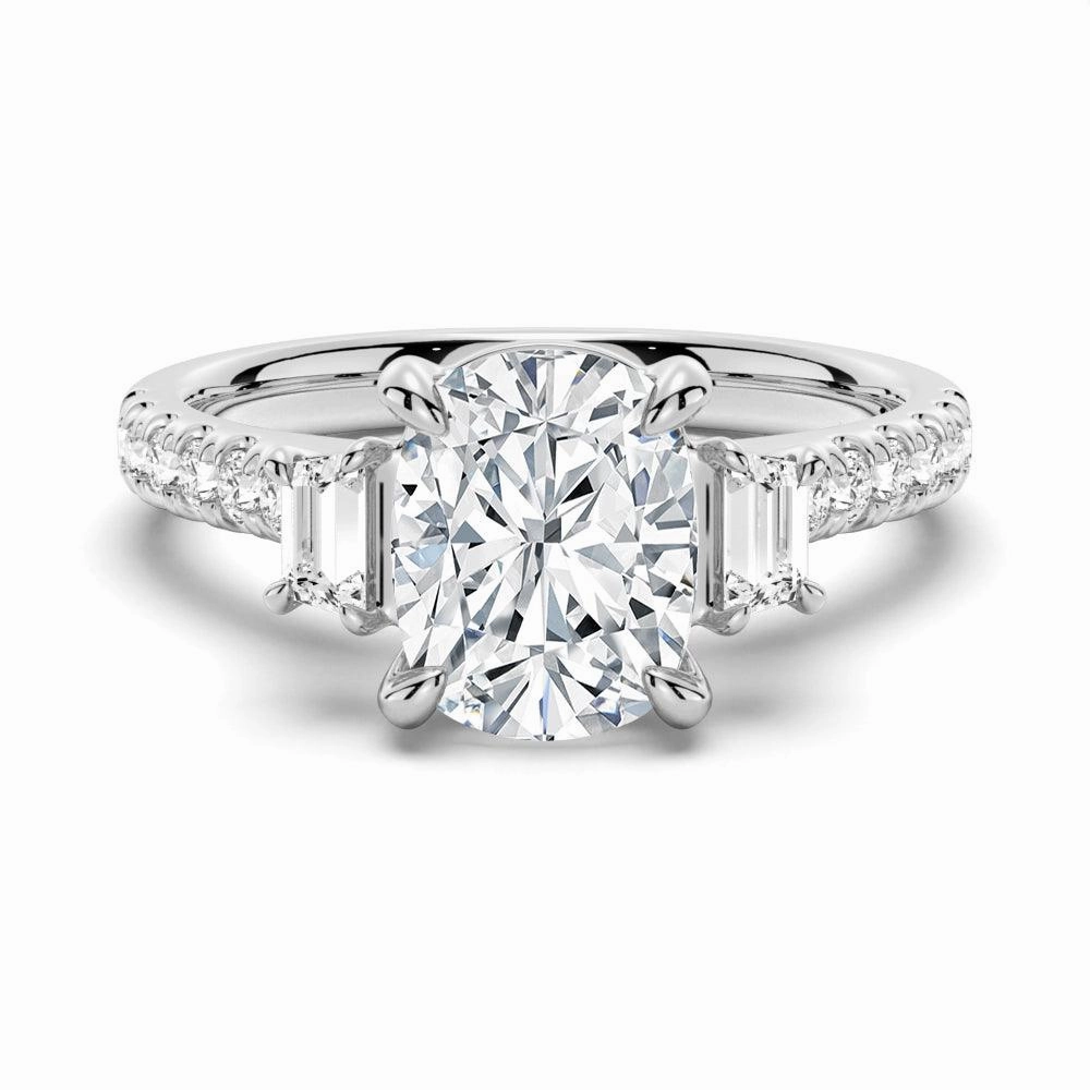 Glossy Accent Three Stone Cushion & Half Moon Moissanite Engagement Ring with Pav?? Band