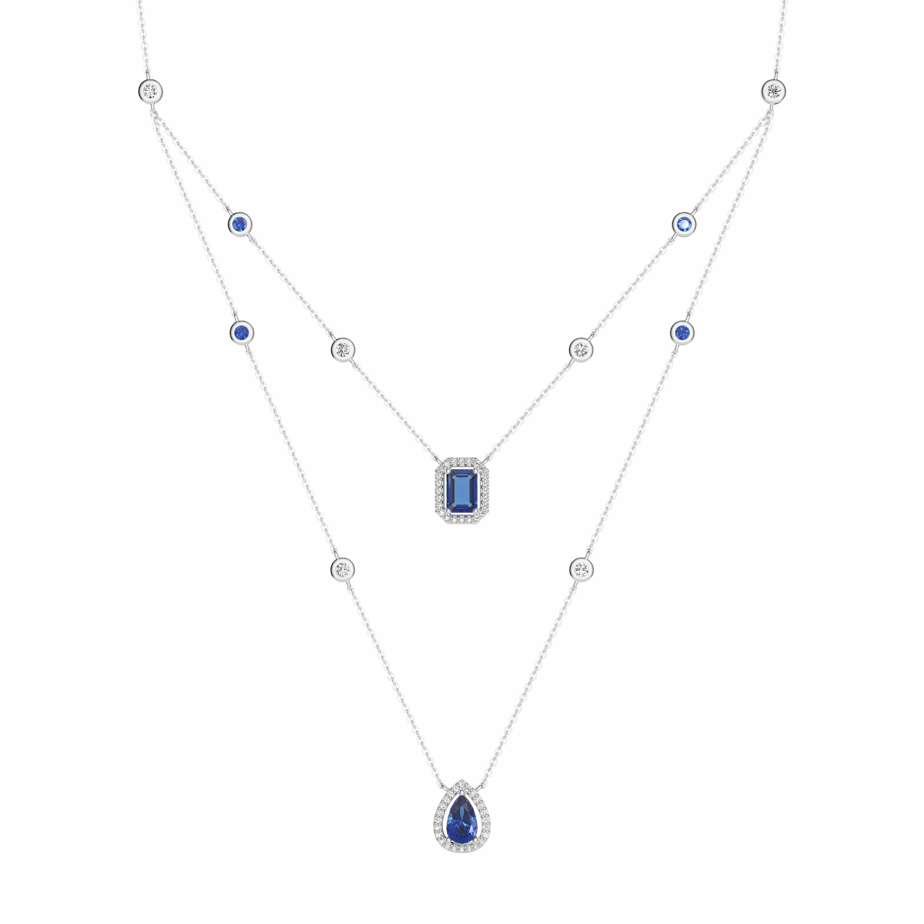 2.98 CT. Pear & Emerald Cut Sapphire Halo Layered Necklace Daily Gift
