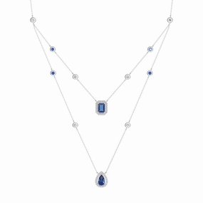 2.98 CT. Pear & Emerald Cut Sapphire Halo Layered Necklace Daily Gift