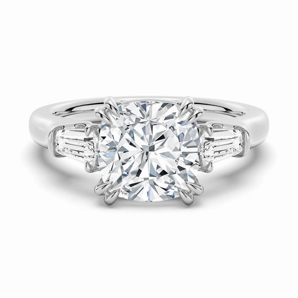 Crisp Edge Classy Accent Cushion Cut Moissanite Engagement Ring with Tapered Baguette Side Stones